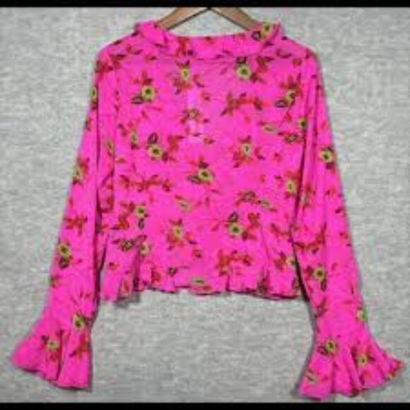 Urban Outfitters x Ecote | Terri Semi Sheer Ruffle Blouse Pink New Small Floral - Picture 4 of 7
